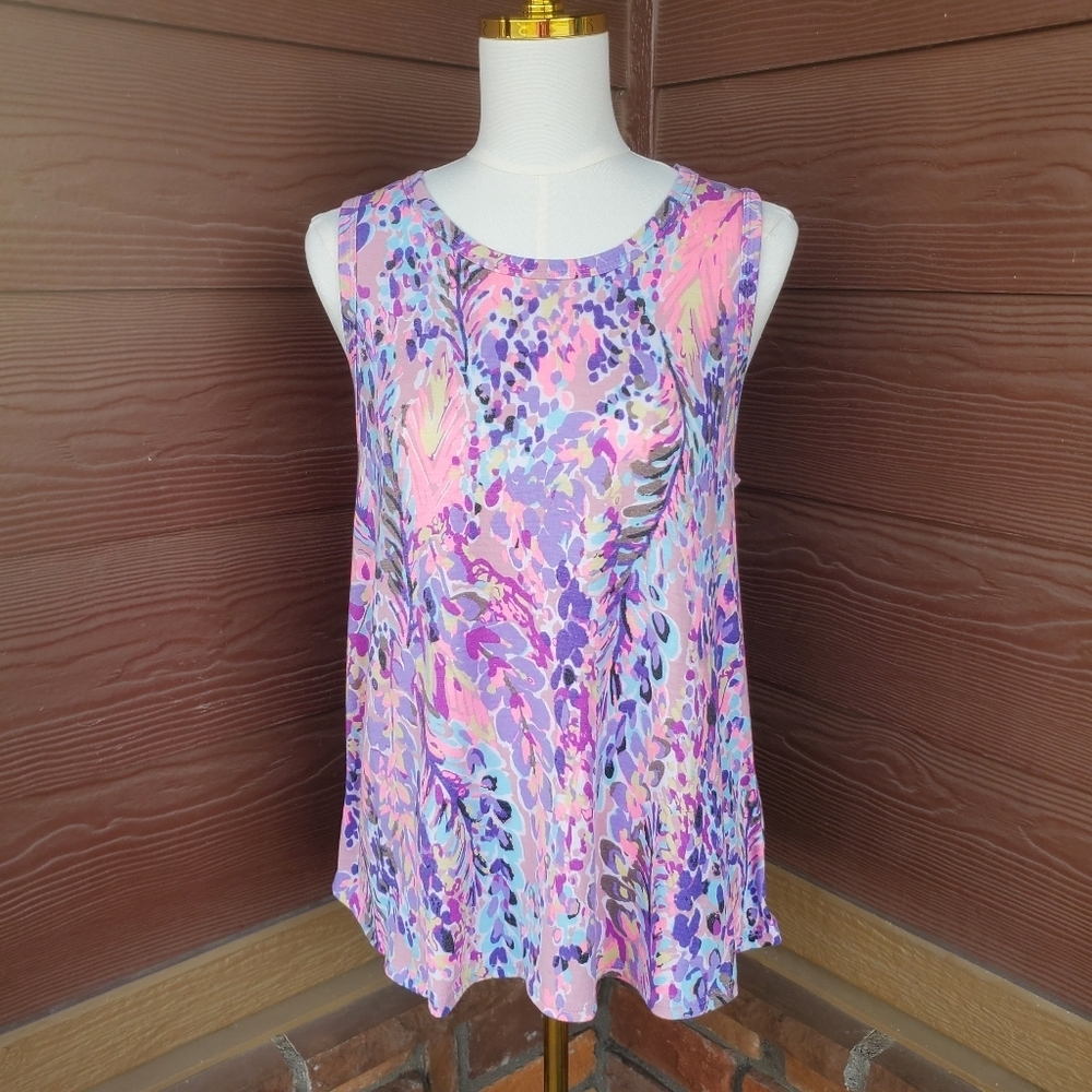 BOMBOM Tropical Palm Leaves Tank Top Neon Pink Purple Women's Size Medium EUC